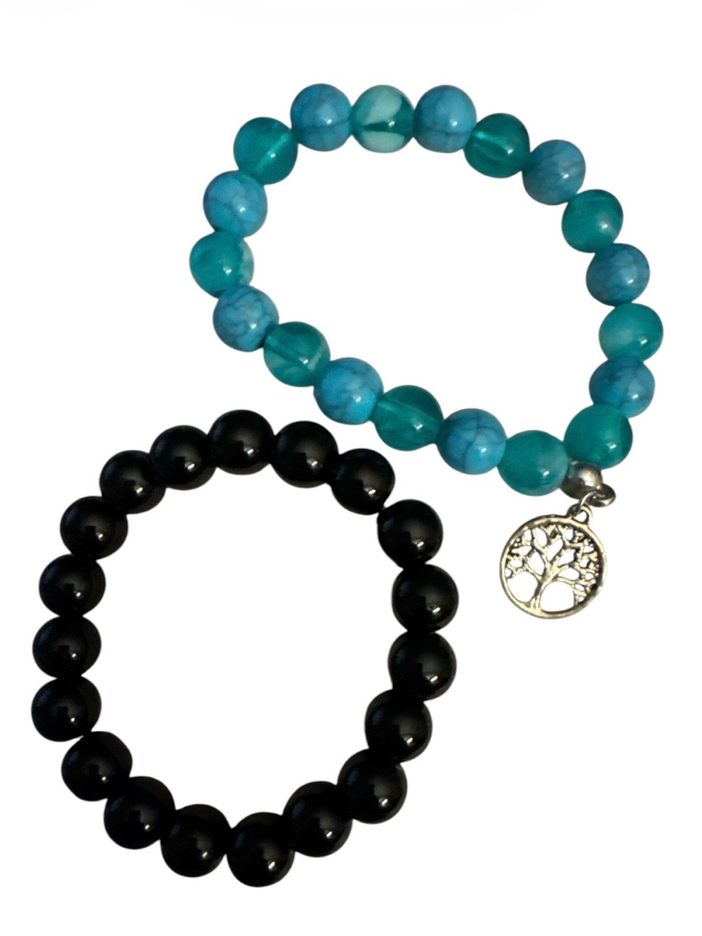 Turquoise & Black Beaded Bracelets Set with Tree of Life Charm